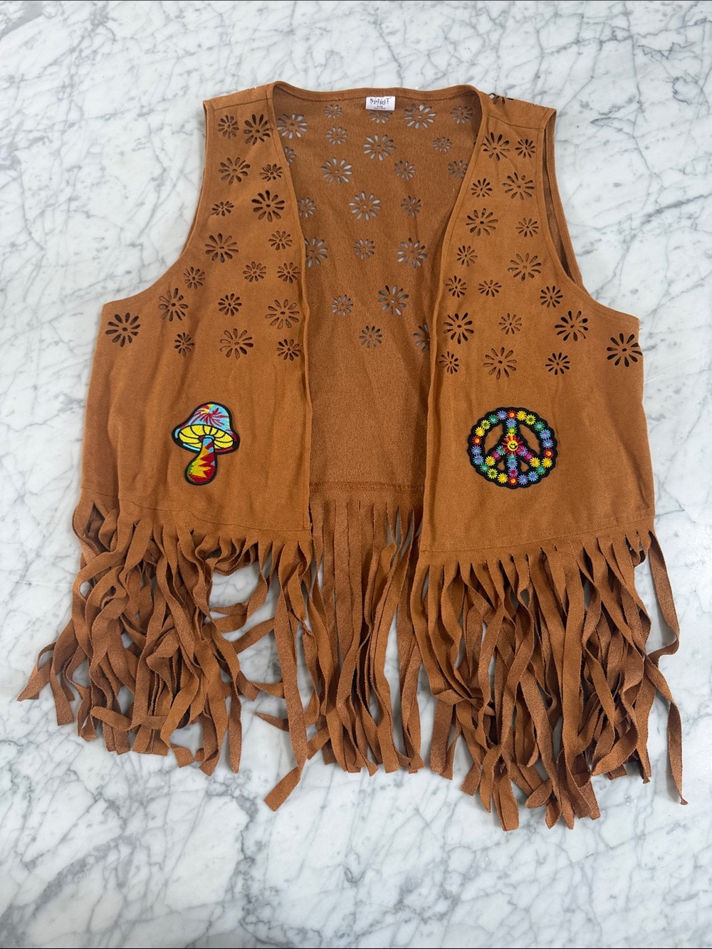 Spirit Halloween Hippie Brown Vest Floral Cutouts Fringe Base Sz Plus 1/2X Patch